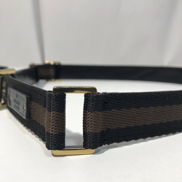 Authentic Gucci Woven Web and Leather Black & Chocolate Brown Logo Stripe Belt - Picture 7 of 16